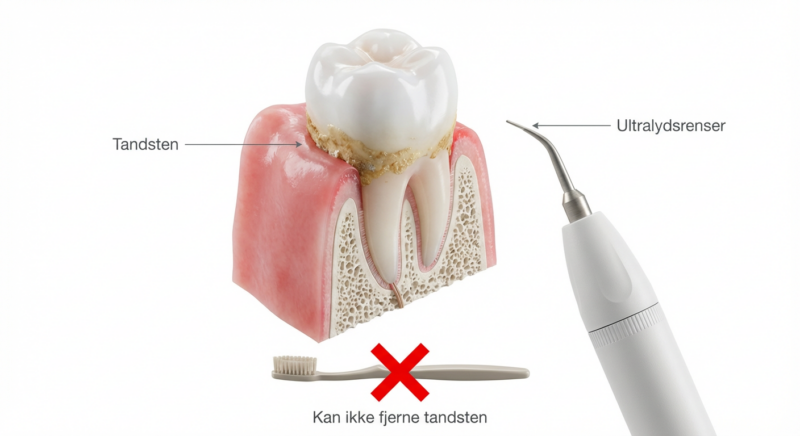 Diagram der viser hvorfor du ikke kan fjern tandsten selv med tandbørste, men kræver professionel ultralydsrenser.