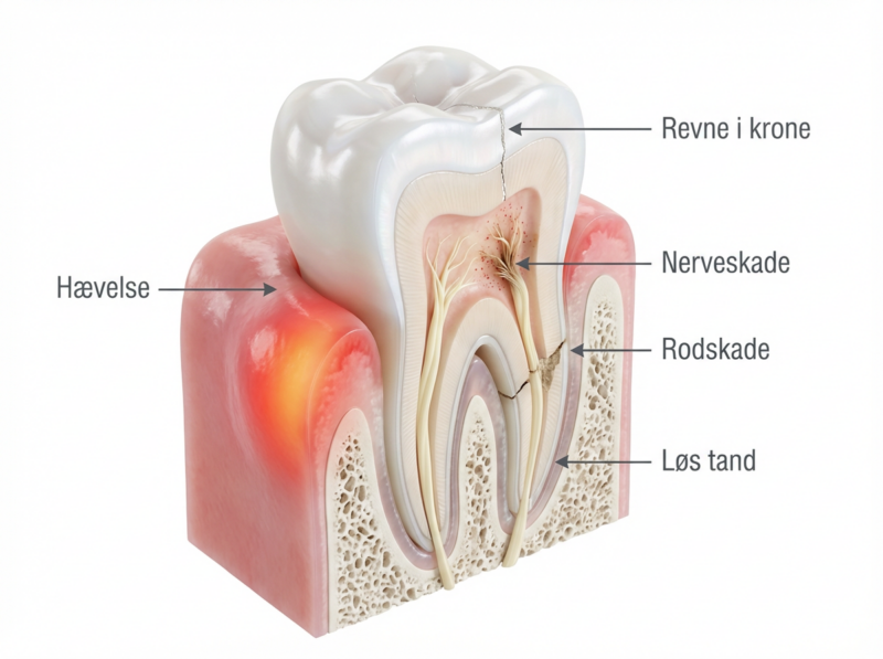 Diagram over mulige skader ved øm tand efter slag med pile til krone, nerve, rod og tandkød